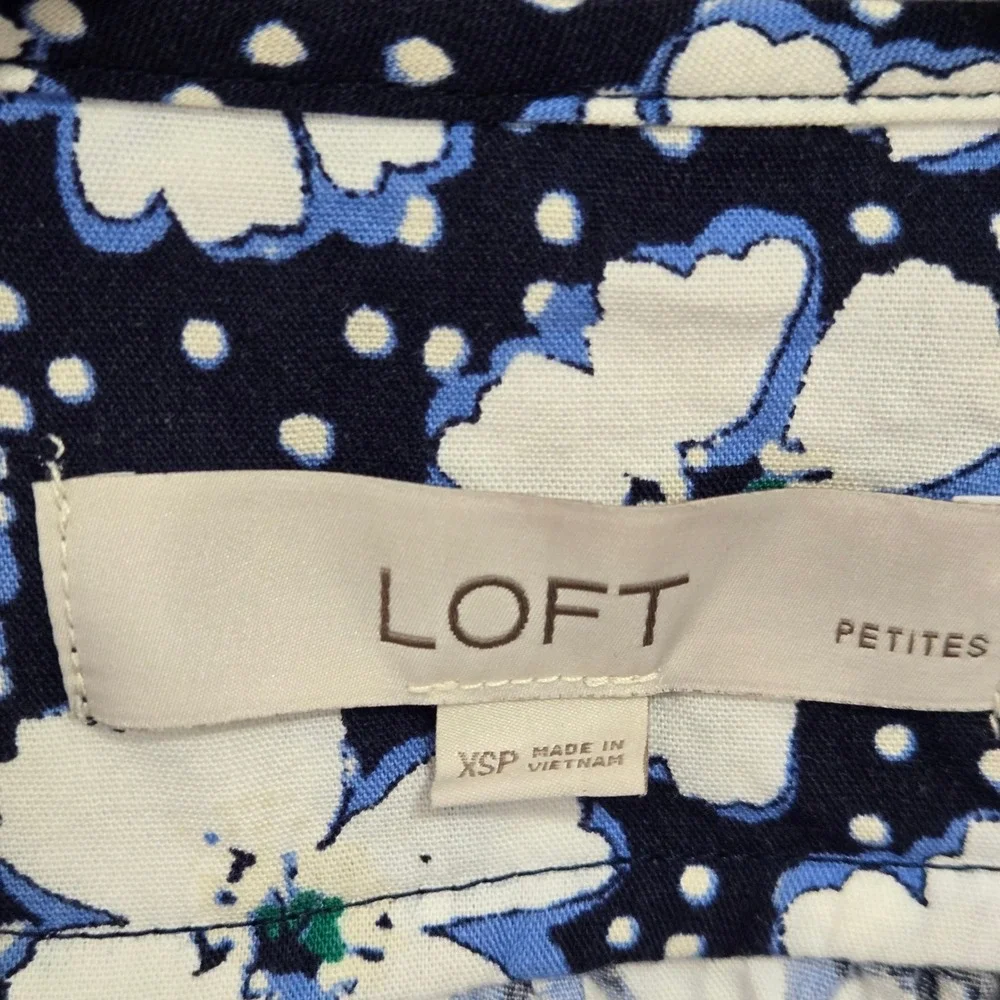 LOFT Petites‎ Navy Blue Floral Polka Dot Henley Puff Sleeve Blouse XSP RN140923
